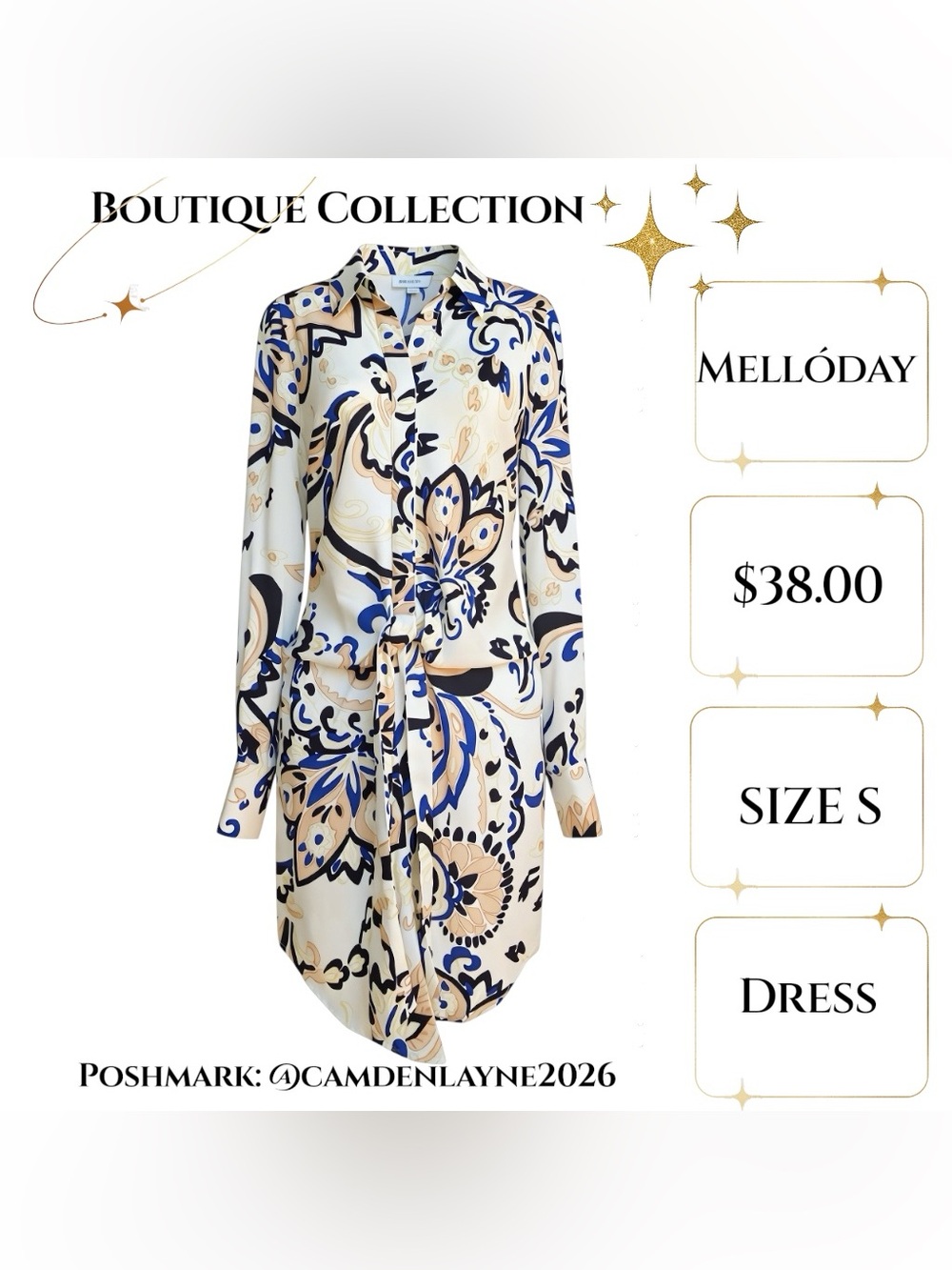 MELLODAY Cream Shirt Dress with Navy and Black Floral Print - Picture 2 of 8